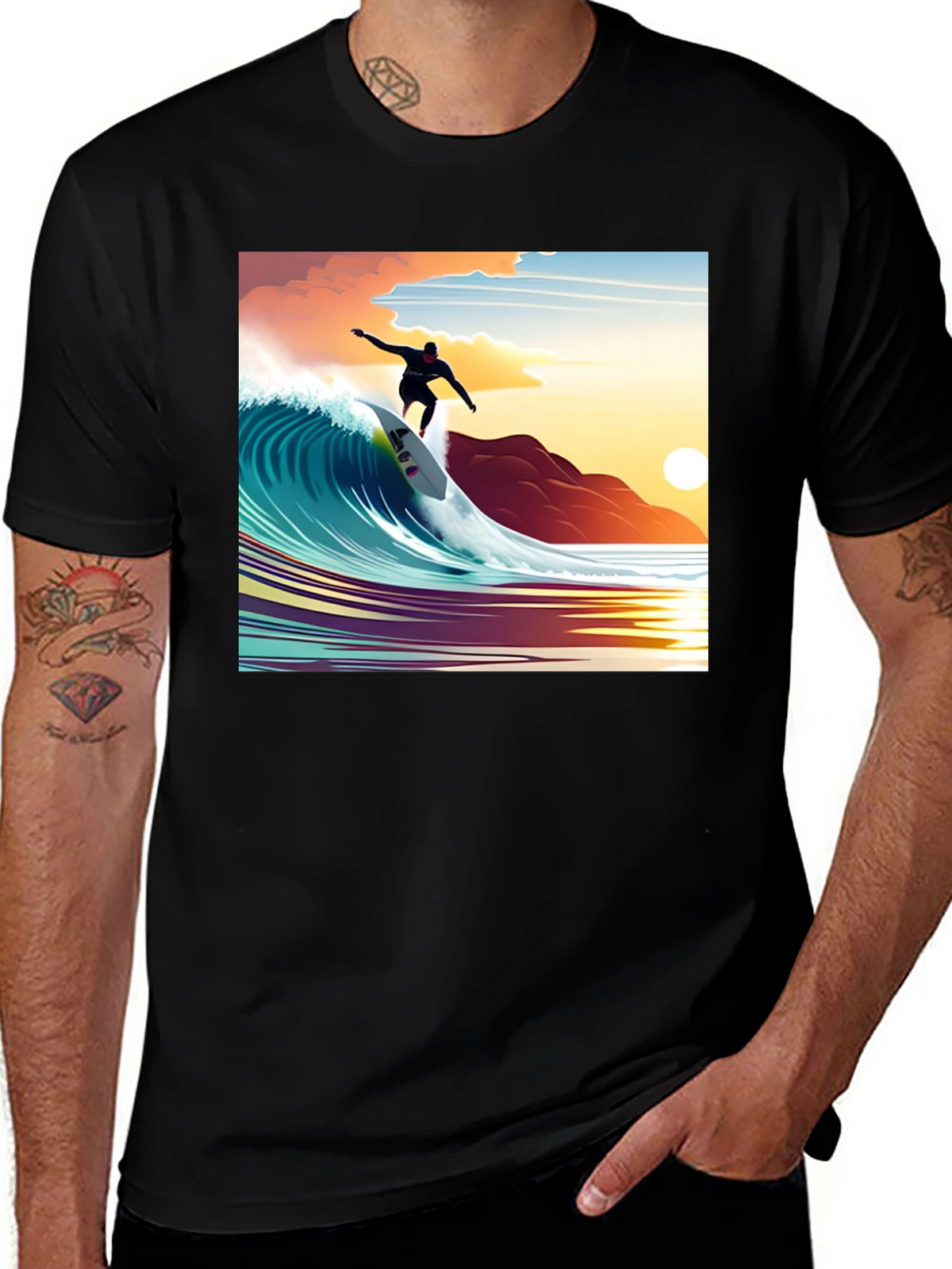 Surfer Wave Graphic Tee - Black