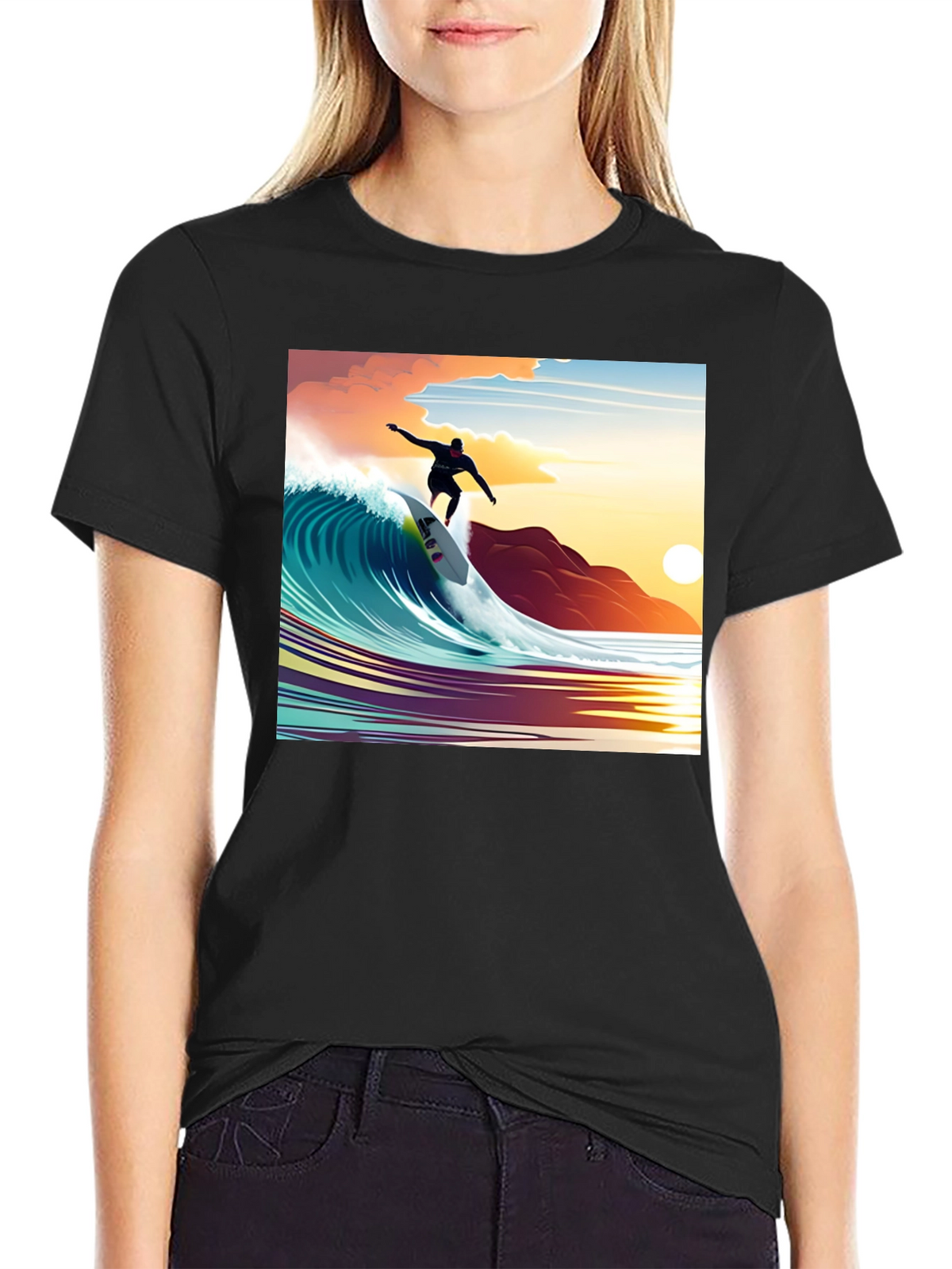 Surfer Wave Graphic Tee - Black