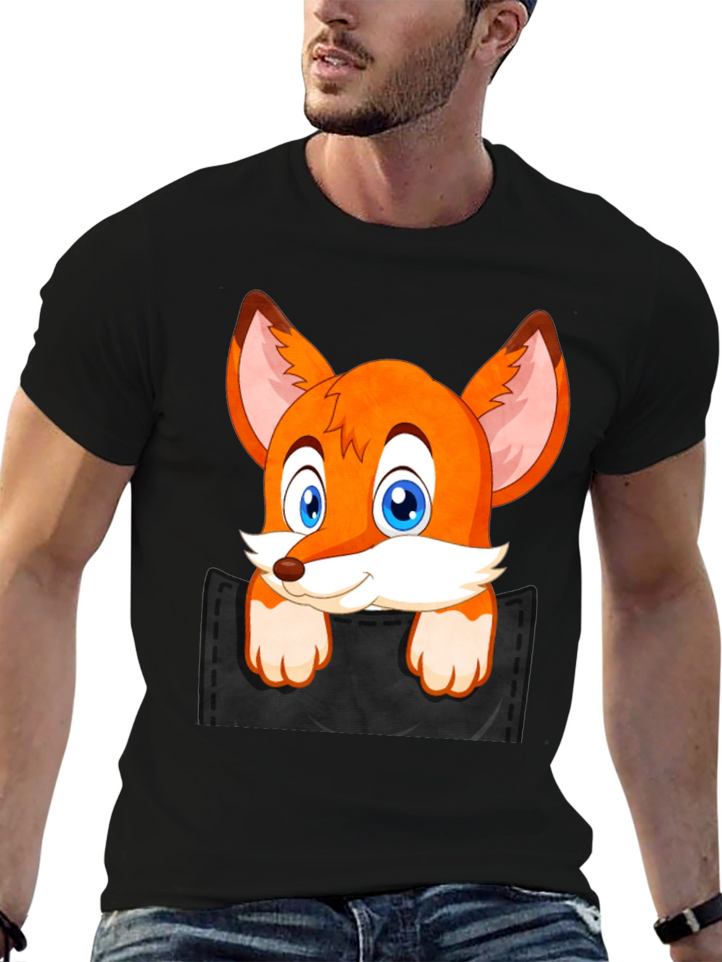 Fox in Pocket Black T-Shirt Cartoon Animal Tee