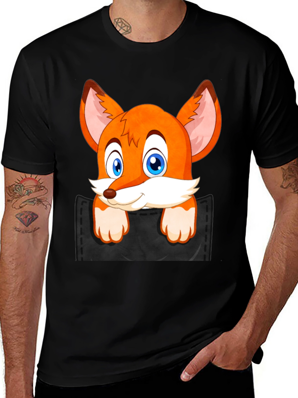 Fox in Pocket Black T-Shirt Cartoon Animal Tee