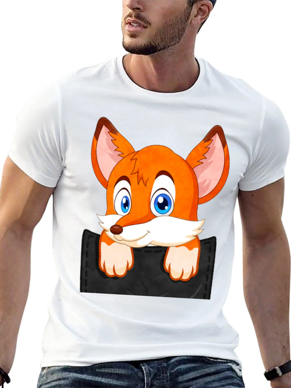 Fox in Pocket Black T-Shirt Cartoon Animal Tee