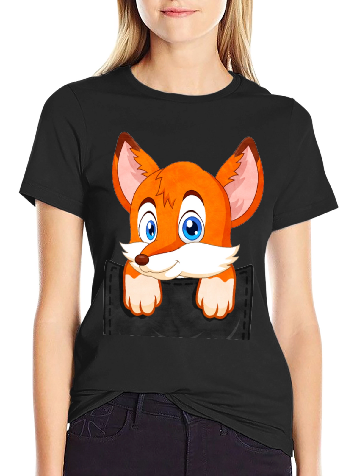 Fox in Pocket Black T-Shirt Cartoon Animal Tee