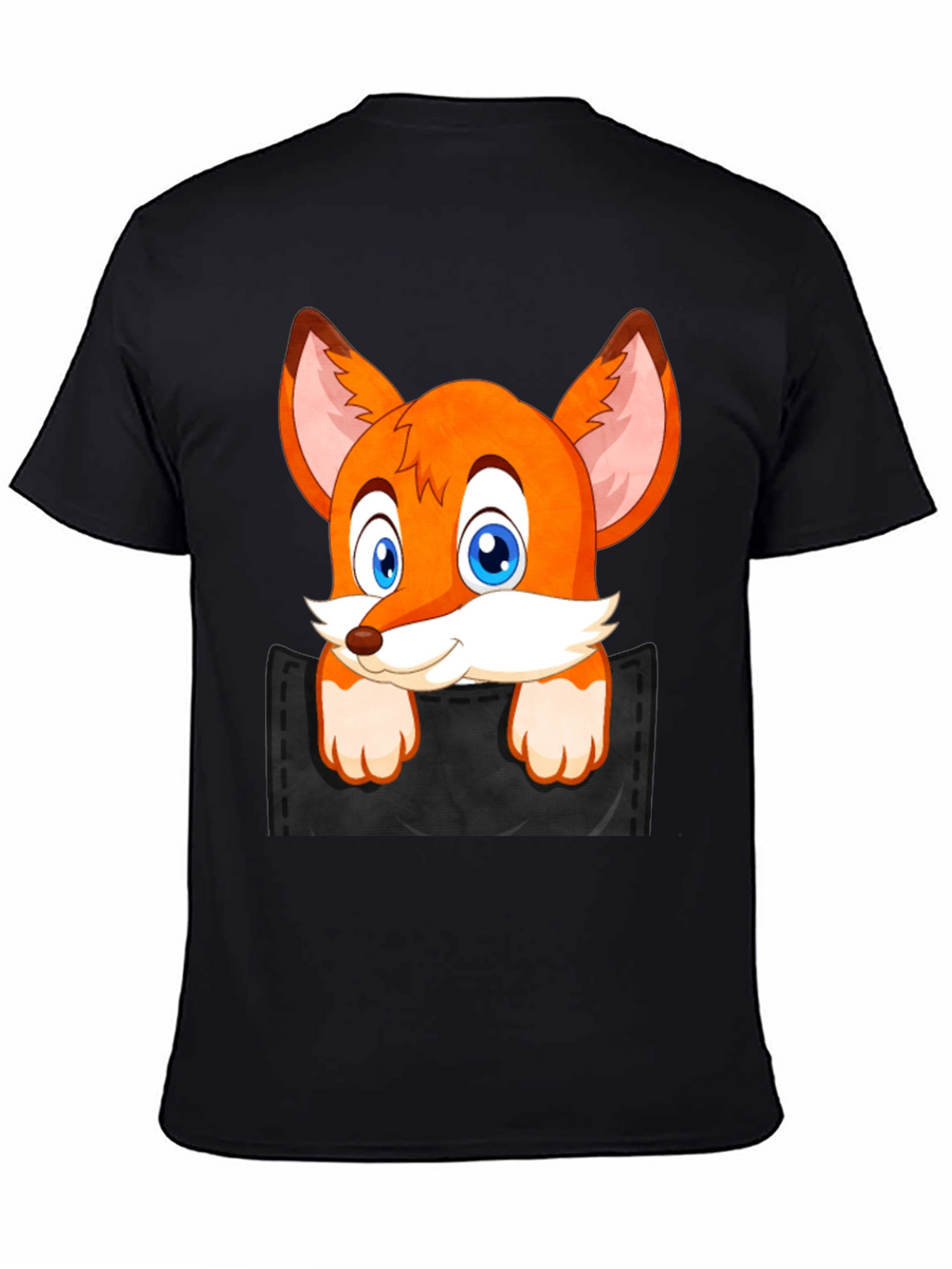 Fox in Pocket Black T-Shirt Cartoon Animal Tee