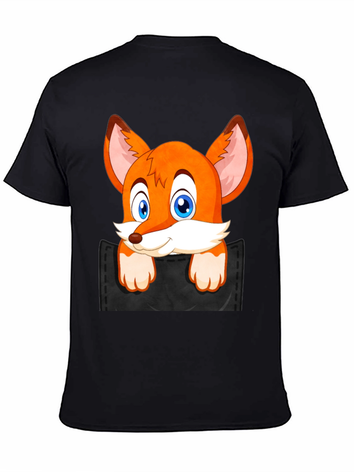 Fox in Pocket Black T-Shirt Cartoon Animal Tee