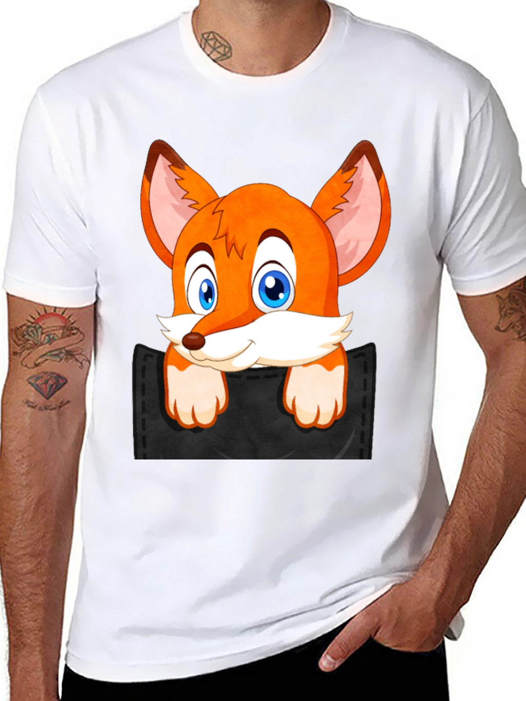 Fox in Pocket Black T-Shirt Cartoon Animal Tee