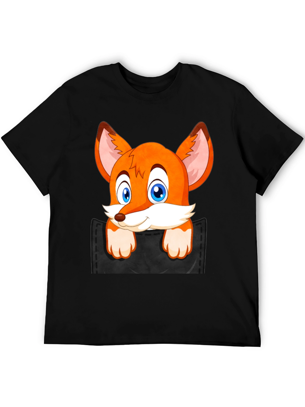 Fox in Pocket Black T-Shirt Cartoon Animal Tee