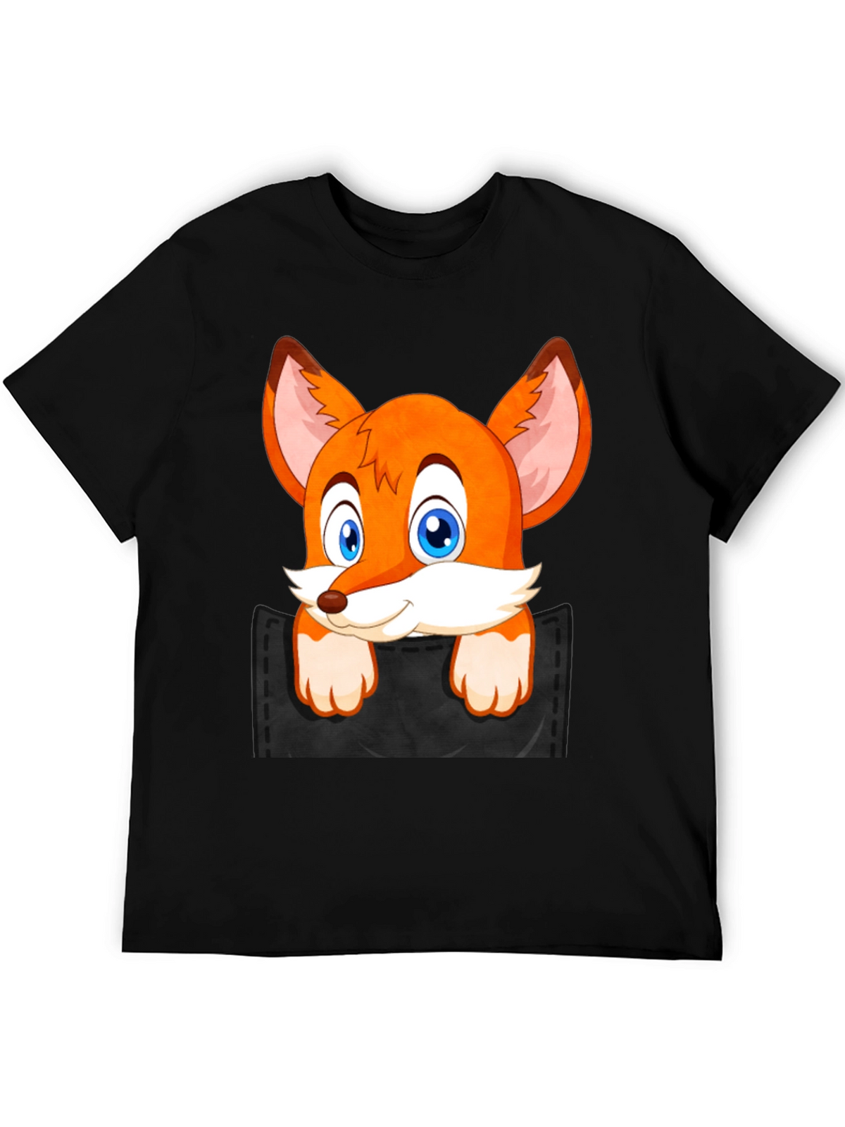 Fox in Pocket Black T-Shirt Cartoon Animal Tee