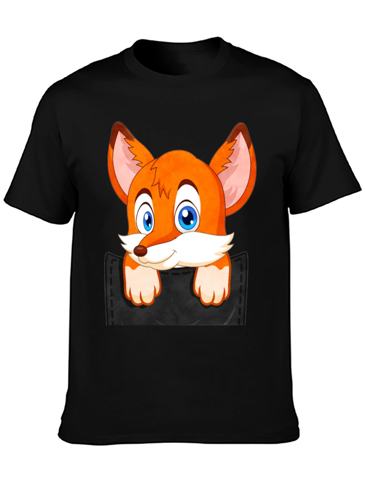Fox in Pocket Black T-Shirt Cartoon Animal Tee