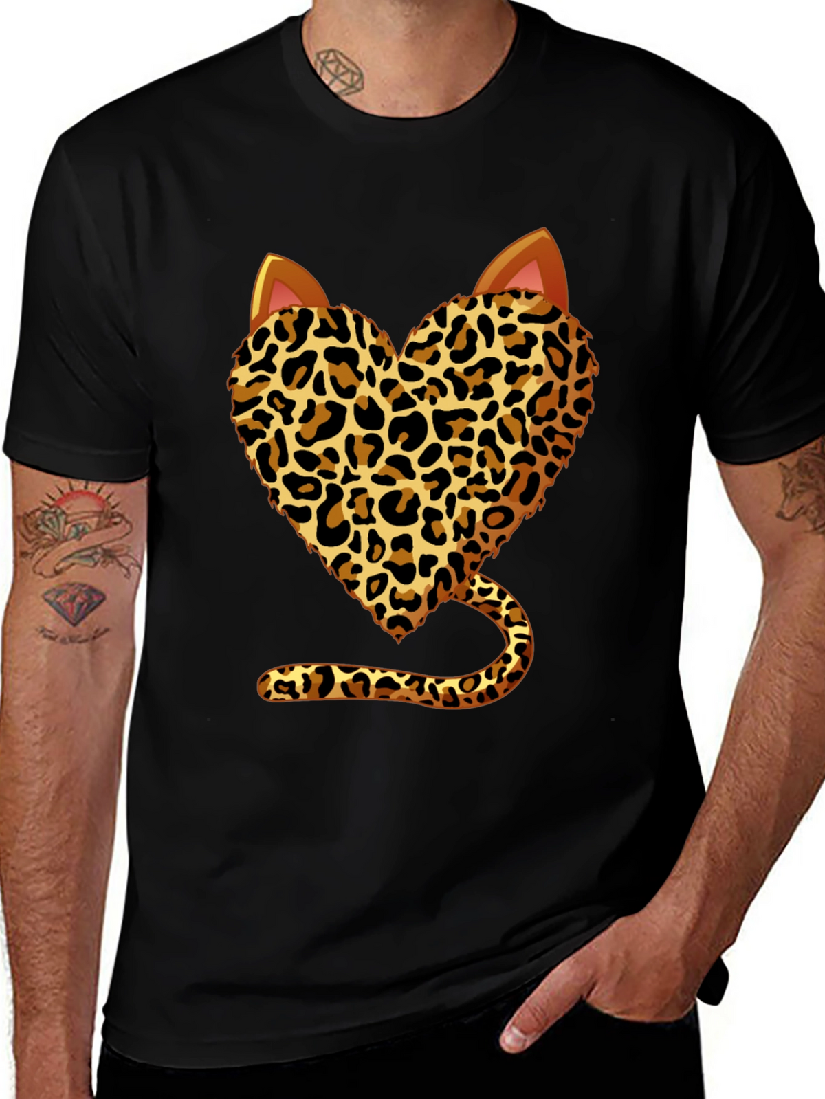 Leopard Heart Cat T-Shirt - Stylish Animal Print Tee