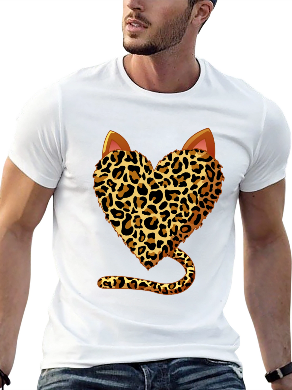 Leopard Heart Cat T-Shirt - Stylish Animal Print Tee