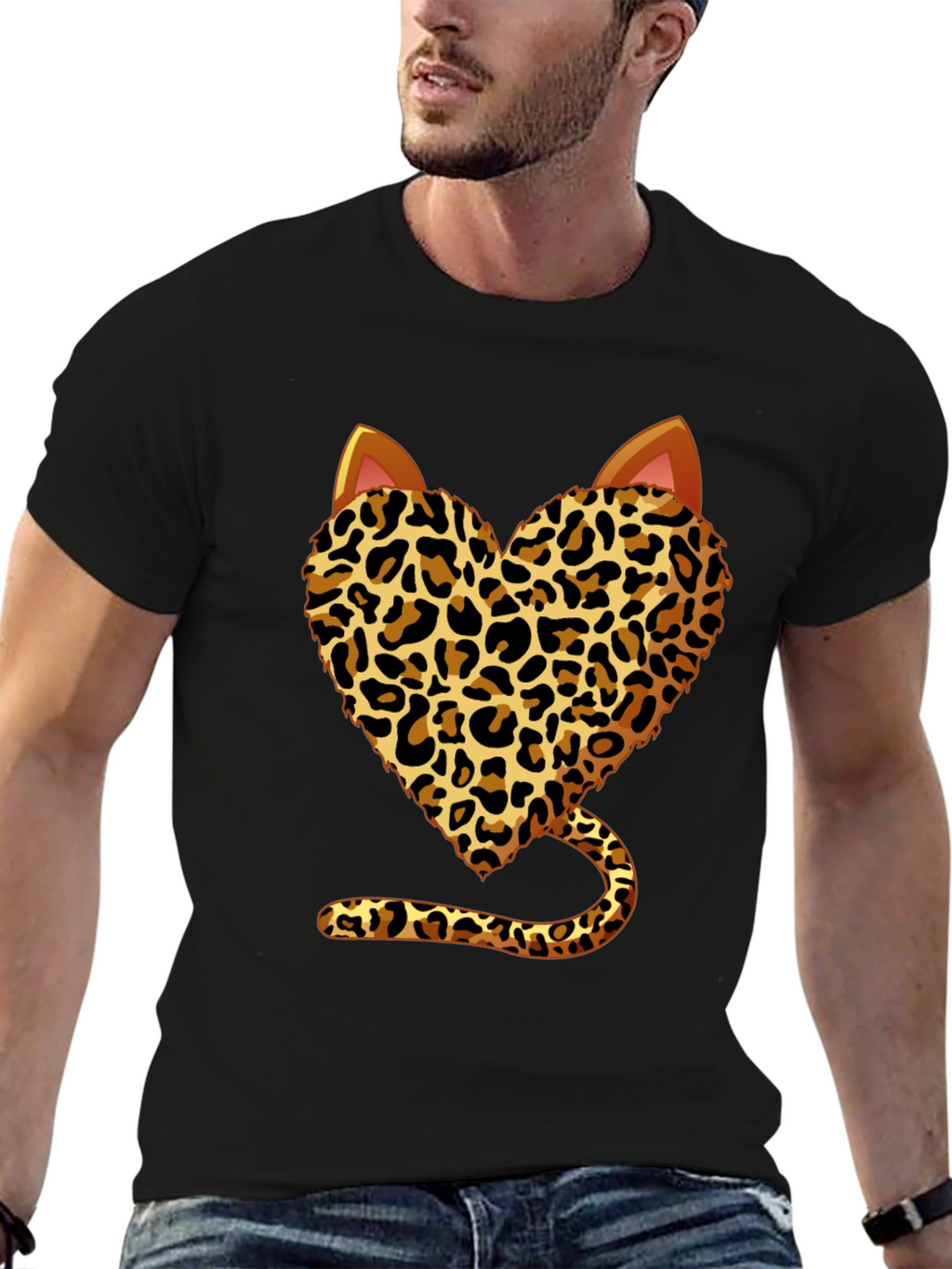 Leopard Heart Cat T-Shirt - Stylish Animal Print Tee