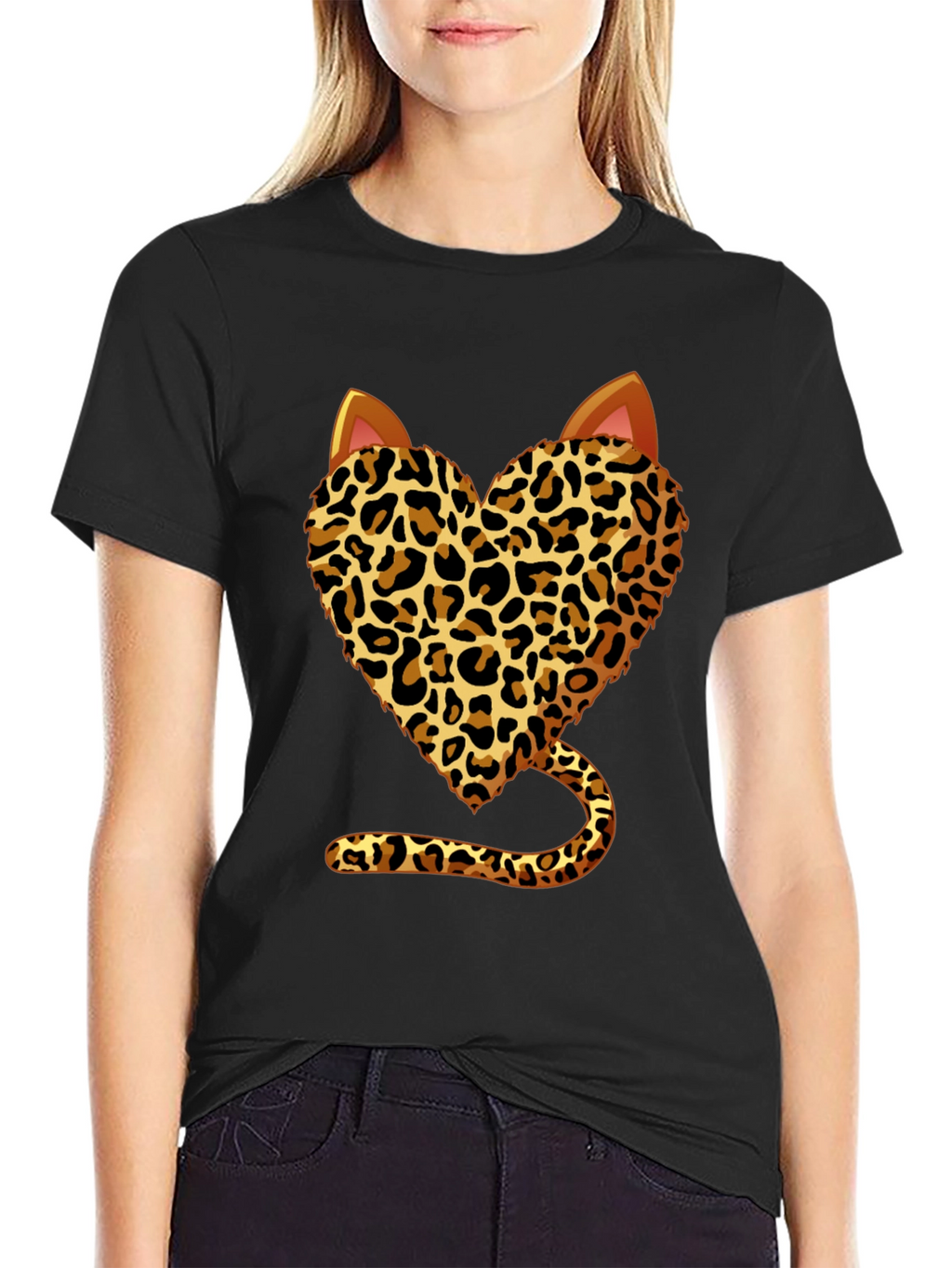 Leopard Heart Cat T-Shirt - Stylish Animal Print Tee