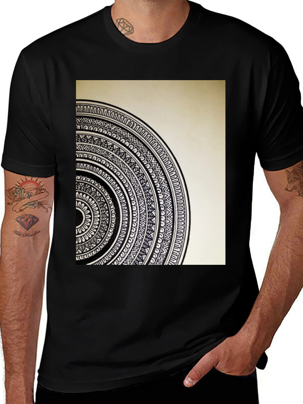 Geometric Mandala Graphic Tee - Stylish Black Cotton T-Shirt