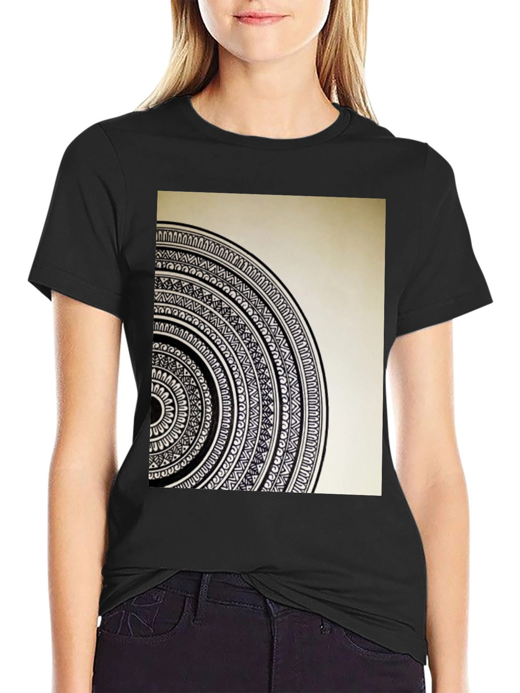 Geometric Mandala Graphic Tee - Stylish Black Cotton T-Shirt