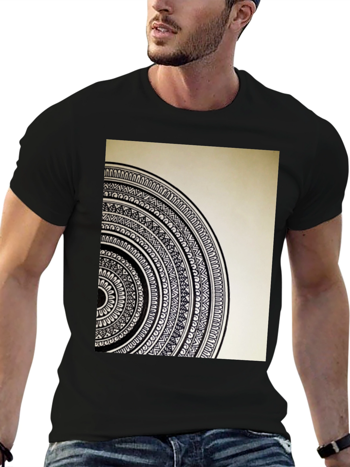 Geometric Mandala Graphic Tee - Stylish Black Cotton T-Shirt