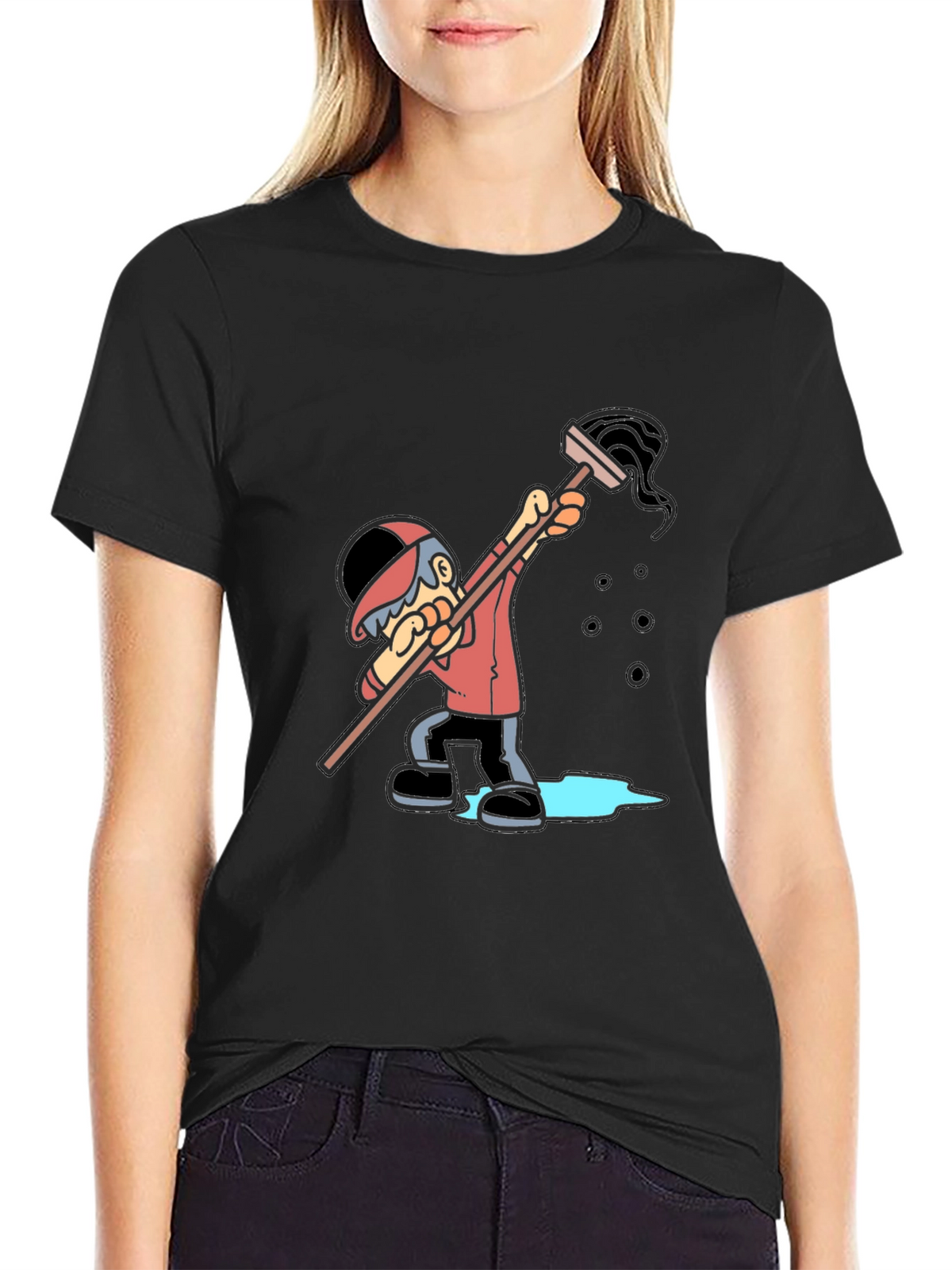 Cartoon Janitor Graphic T-Shirt - Black Cotton Blend