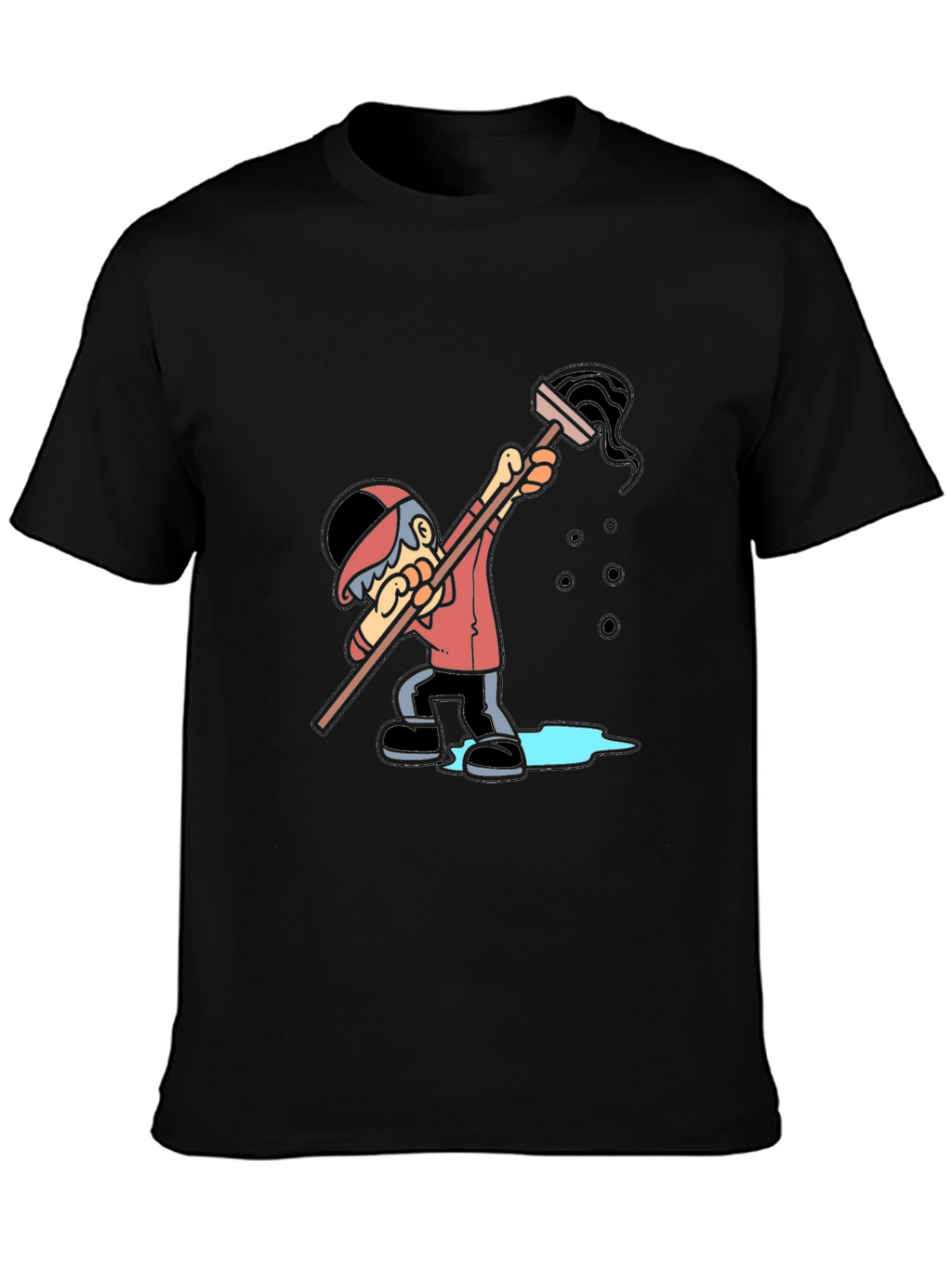 Cartoon Janitor Graphic T-Shirt - Black Cotton Blend