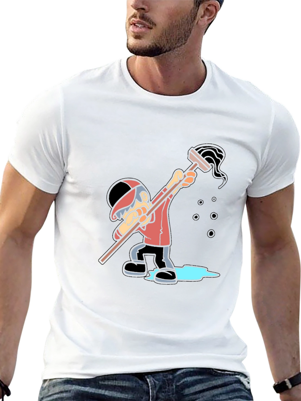 Cartoon Janitor Graphic T-Shirt - Black Cotton Blend