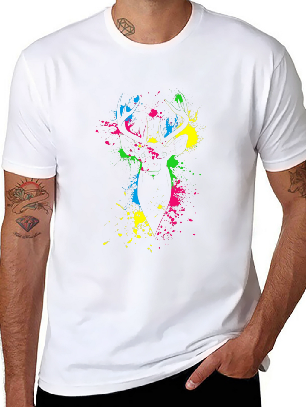 Vibrant Deer Splatter Print Black T-Shirt