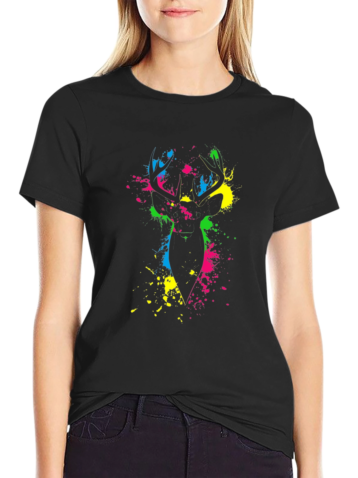 Vibrant Deer Splatter Print Black T-Shirt