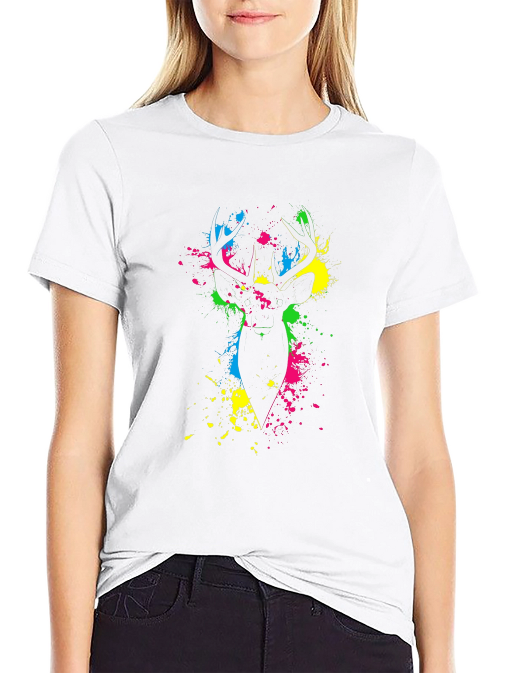 Vibrant Deer Splatter Print Black T-Shirt