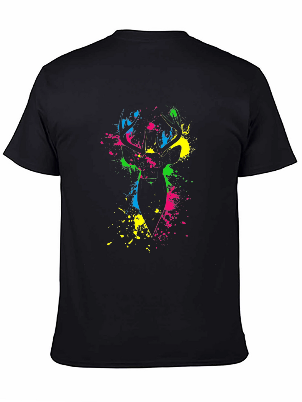 Vibrant Deer Splatter Print Black T-Shirt