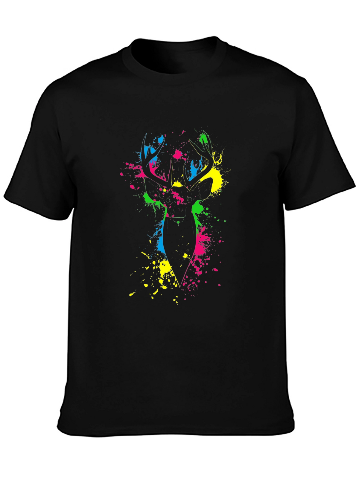 Vibrant Deer Splatter Print Black T-Shirt