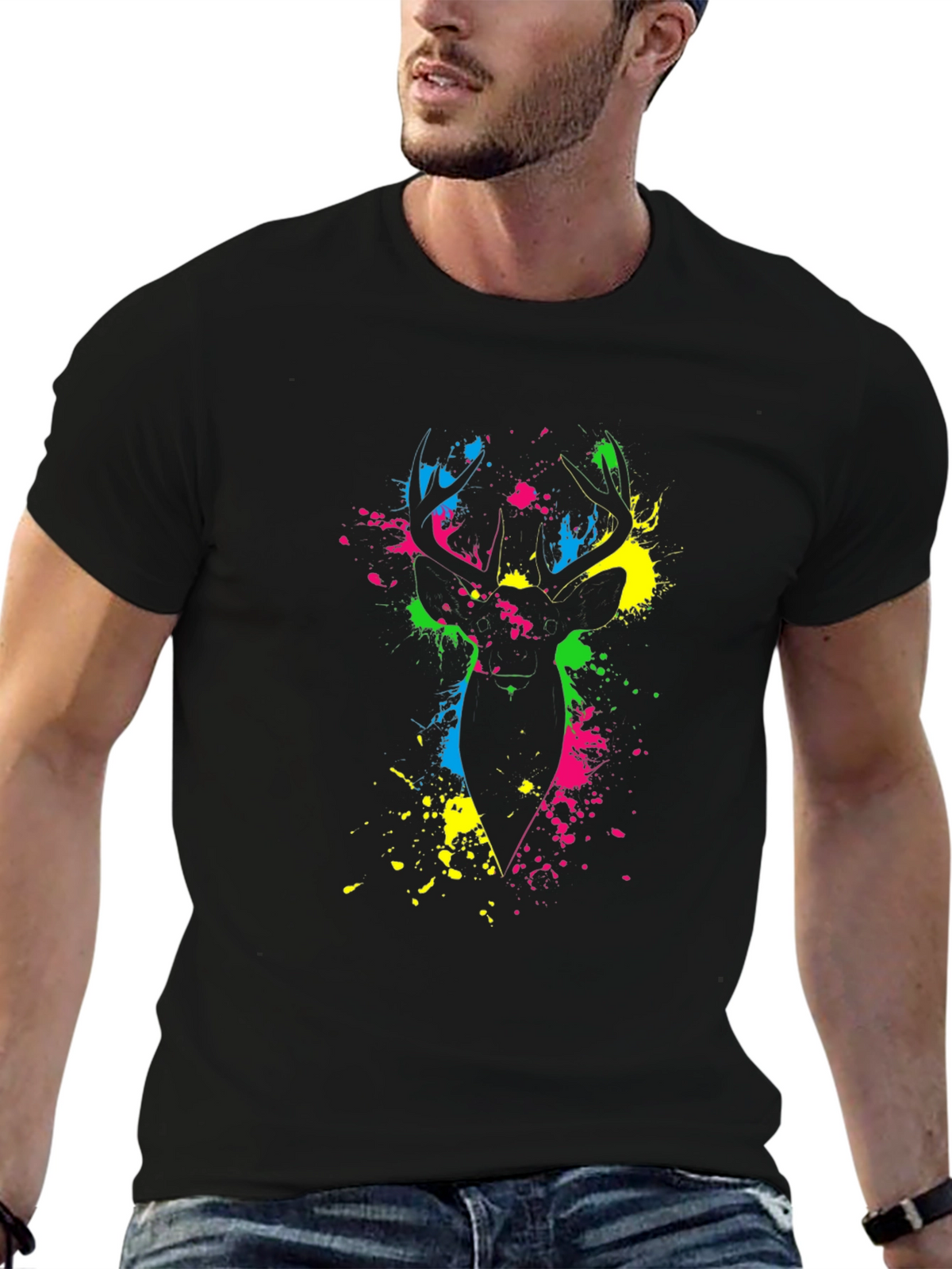 Vibrant Deer Splatter Print Black T-Shirt