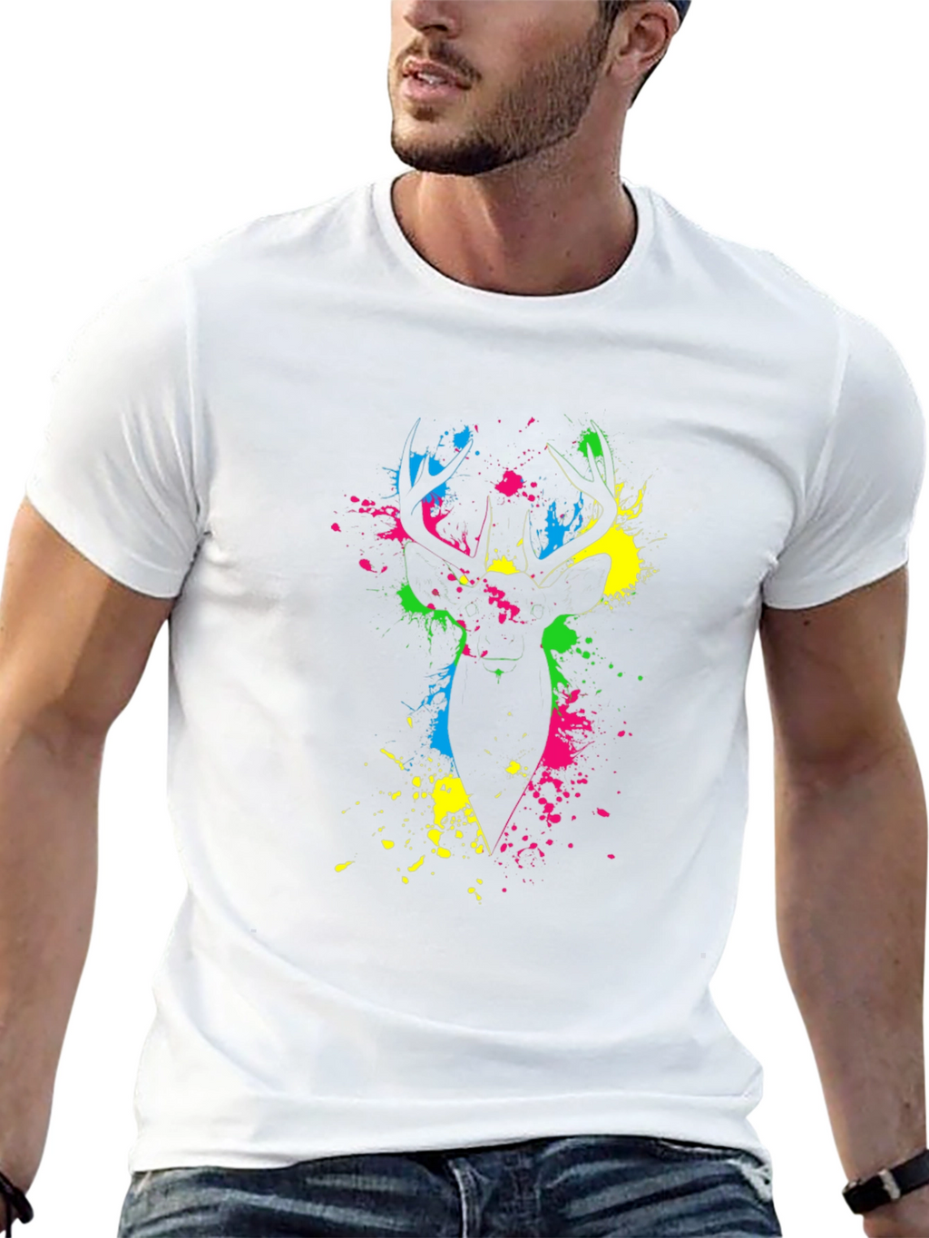 Vibrant Deer Splatter Print Black T-Shirt