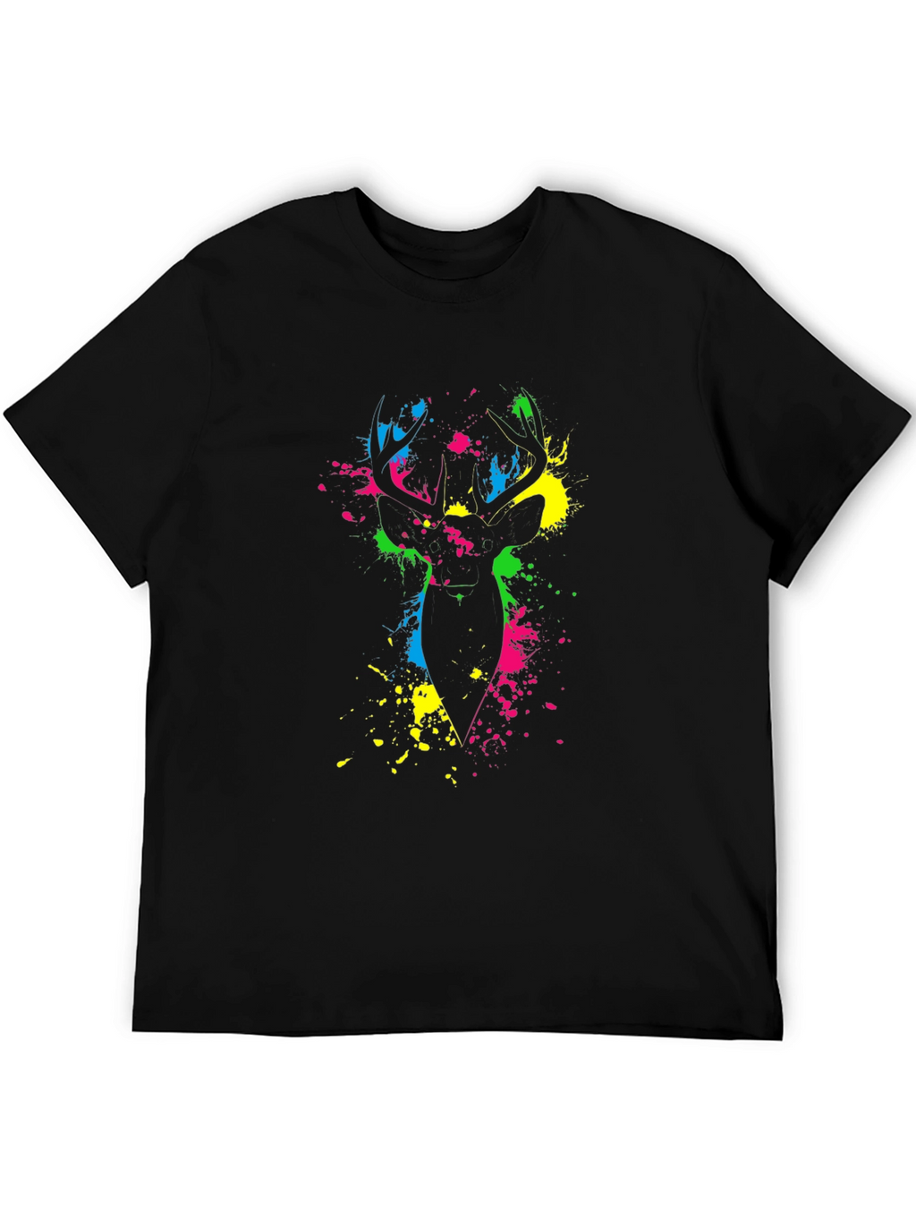Vibrant Deer Splatter Print Black T-Shirt