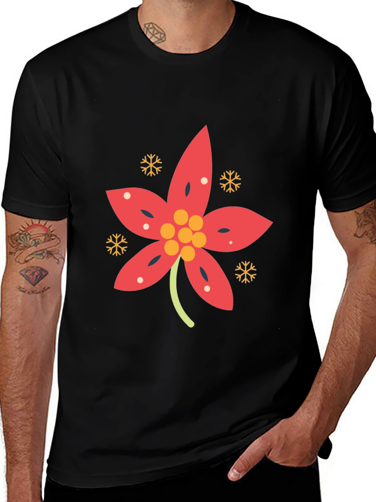 Festive Poinsettia Black T-Shirt
