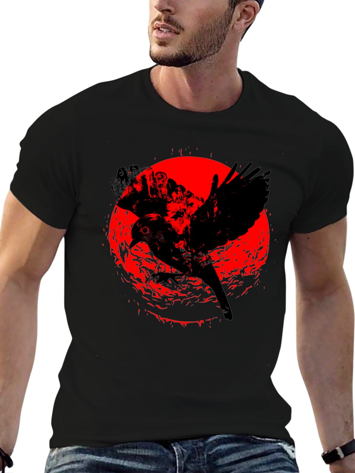 Raven Graphic Tee - Black Cotton Crew Neck
