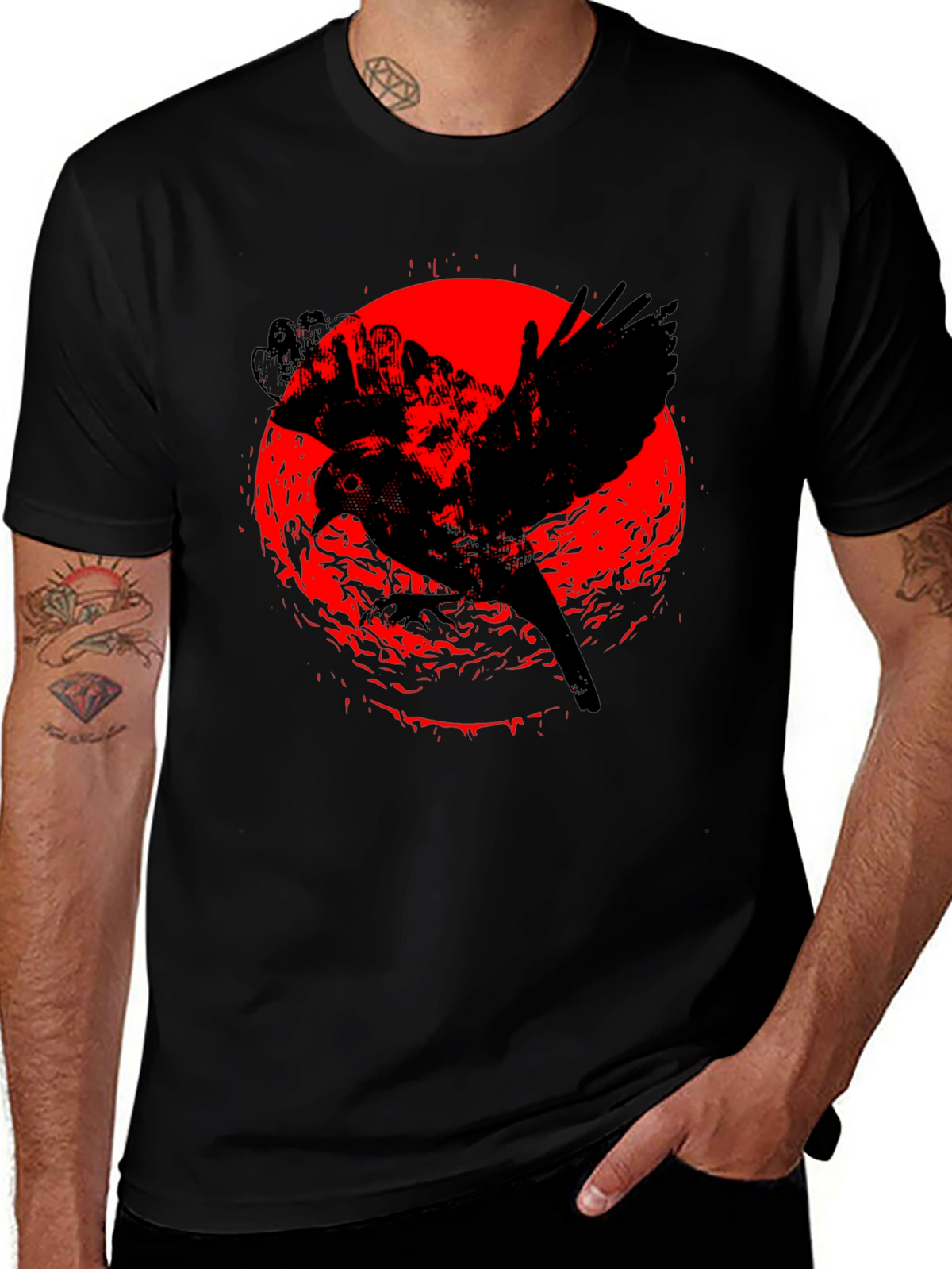 Raven Graphic Tee - Black Cotton Crew Neck