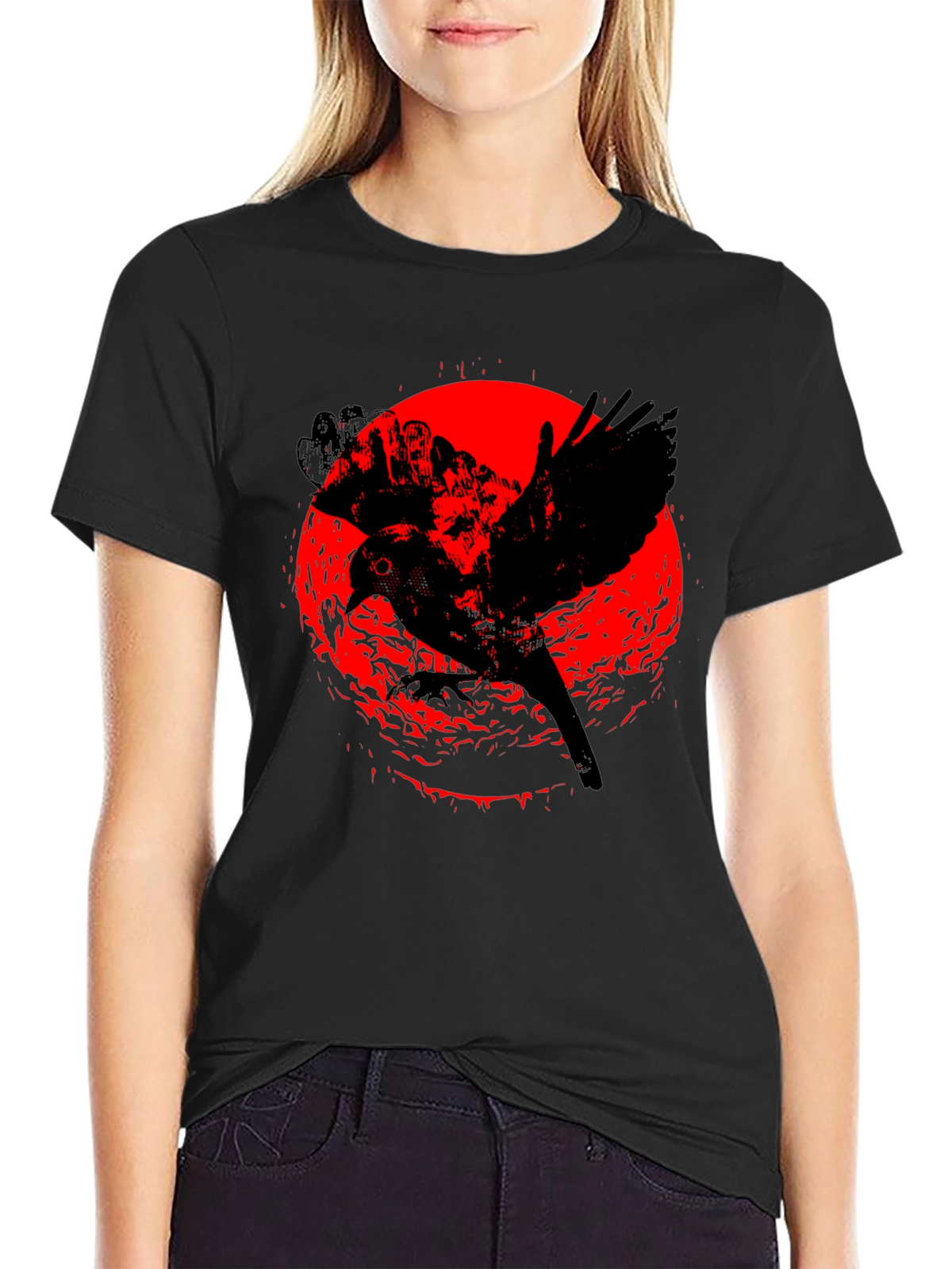 Raven Graphic Tee - Black Cotton Crew Neck