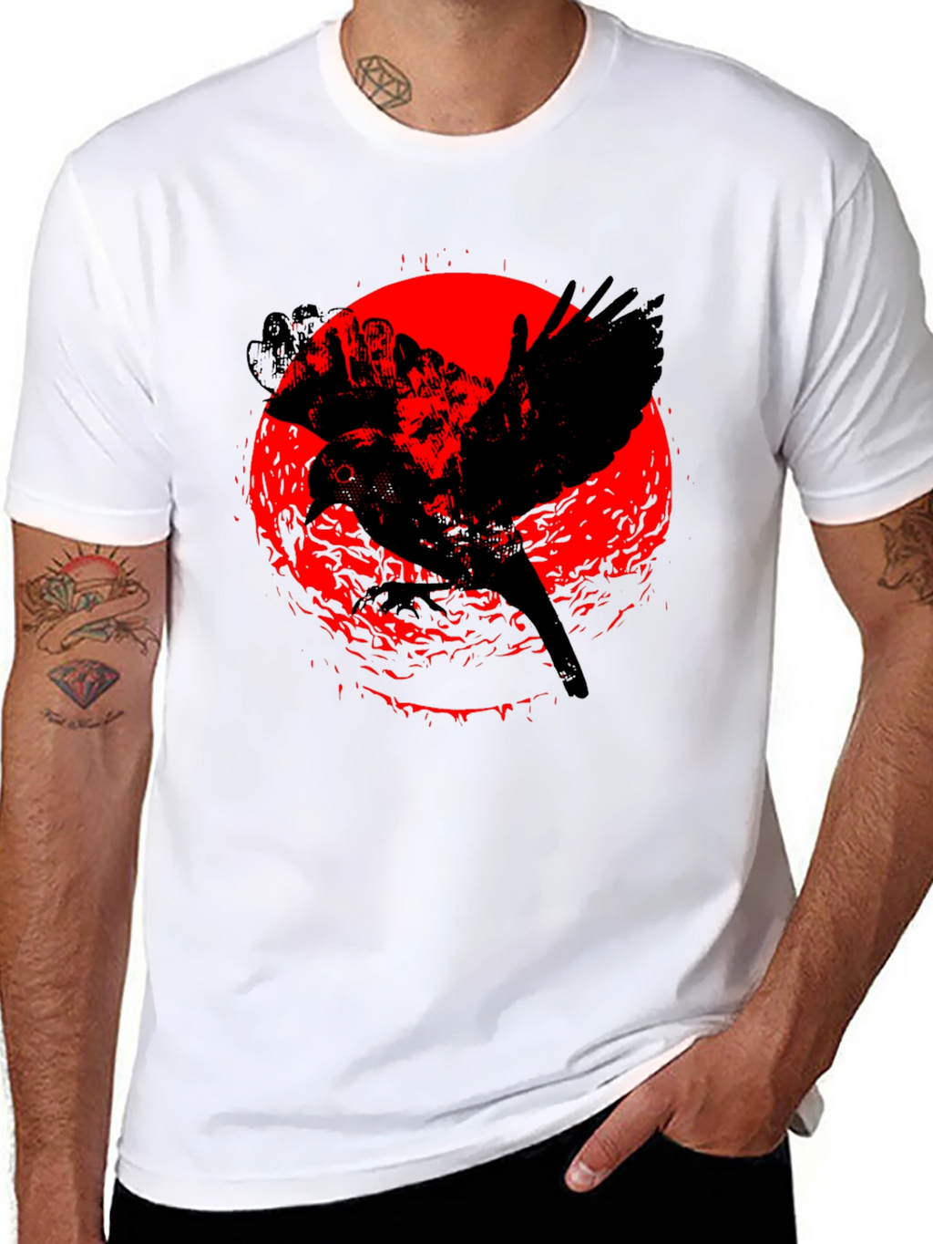 Raven Graphic Tee - Black Cotton Crew Neck