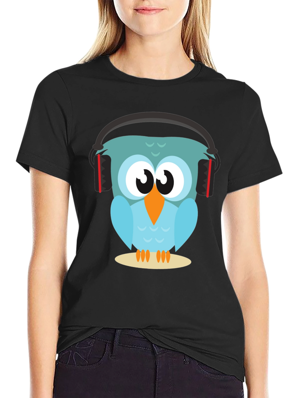 Owl With Headphones Graphic Tee - Black