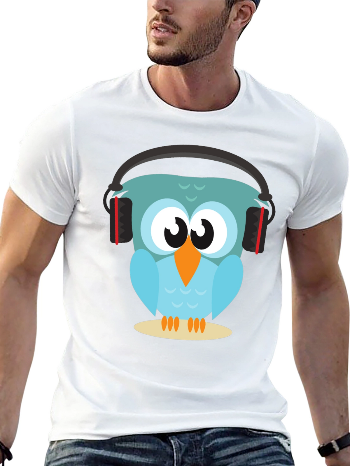 Owl With Headphones Graphic Tee - Black