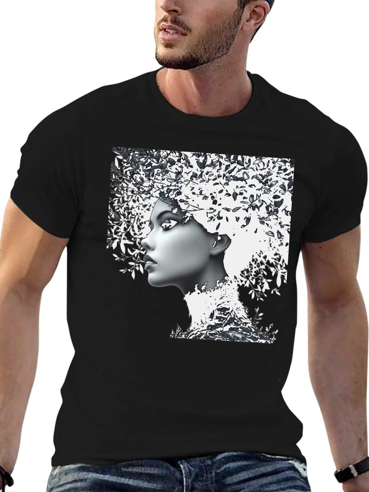 Woman with Leaf Hair Black T-Shirt
