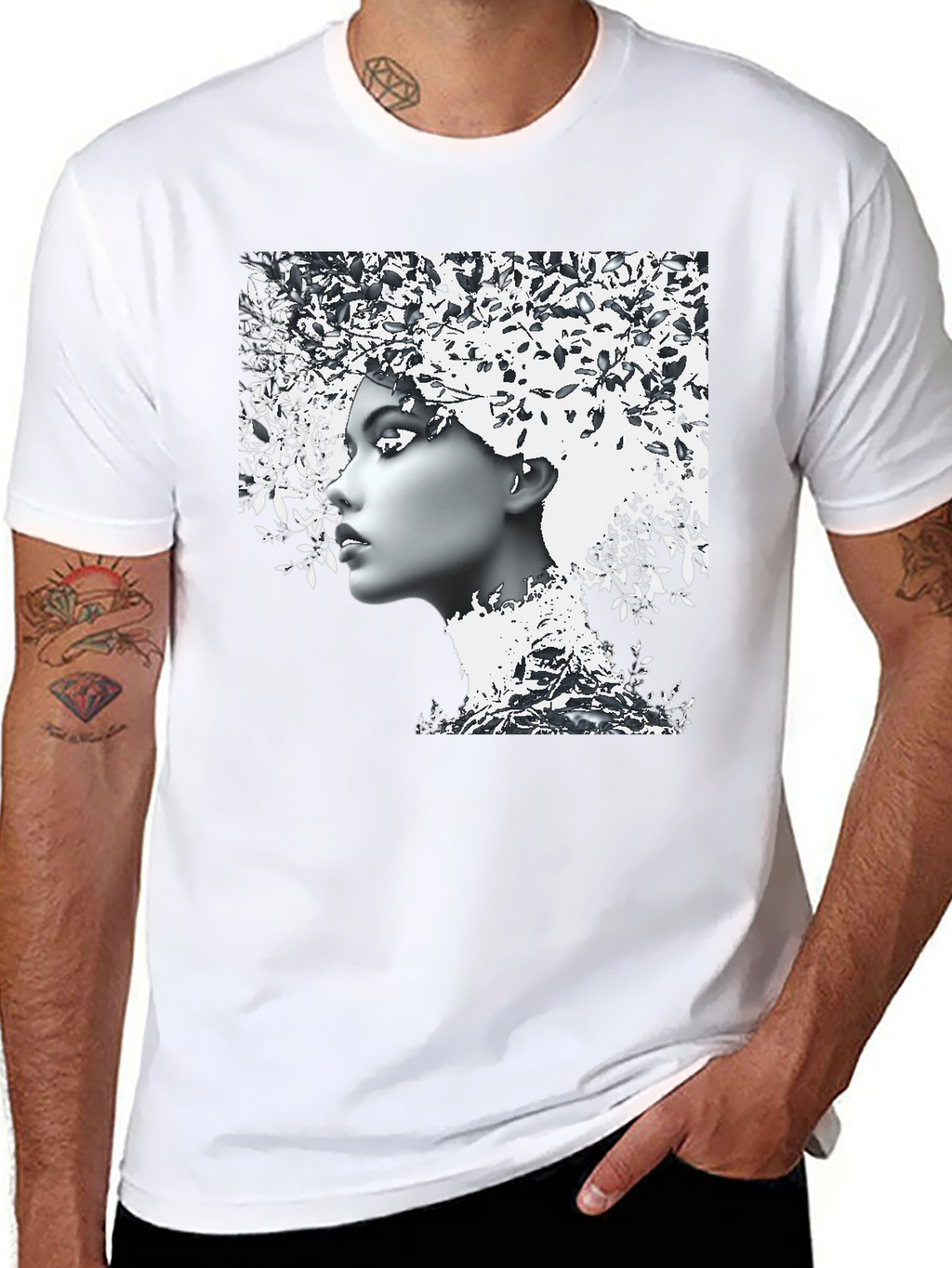 Woman with Leaf Hair Black T-Shirt