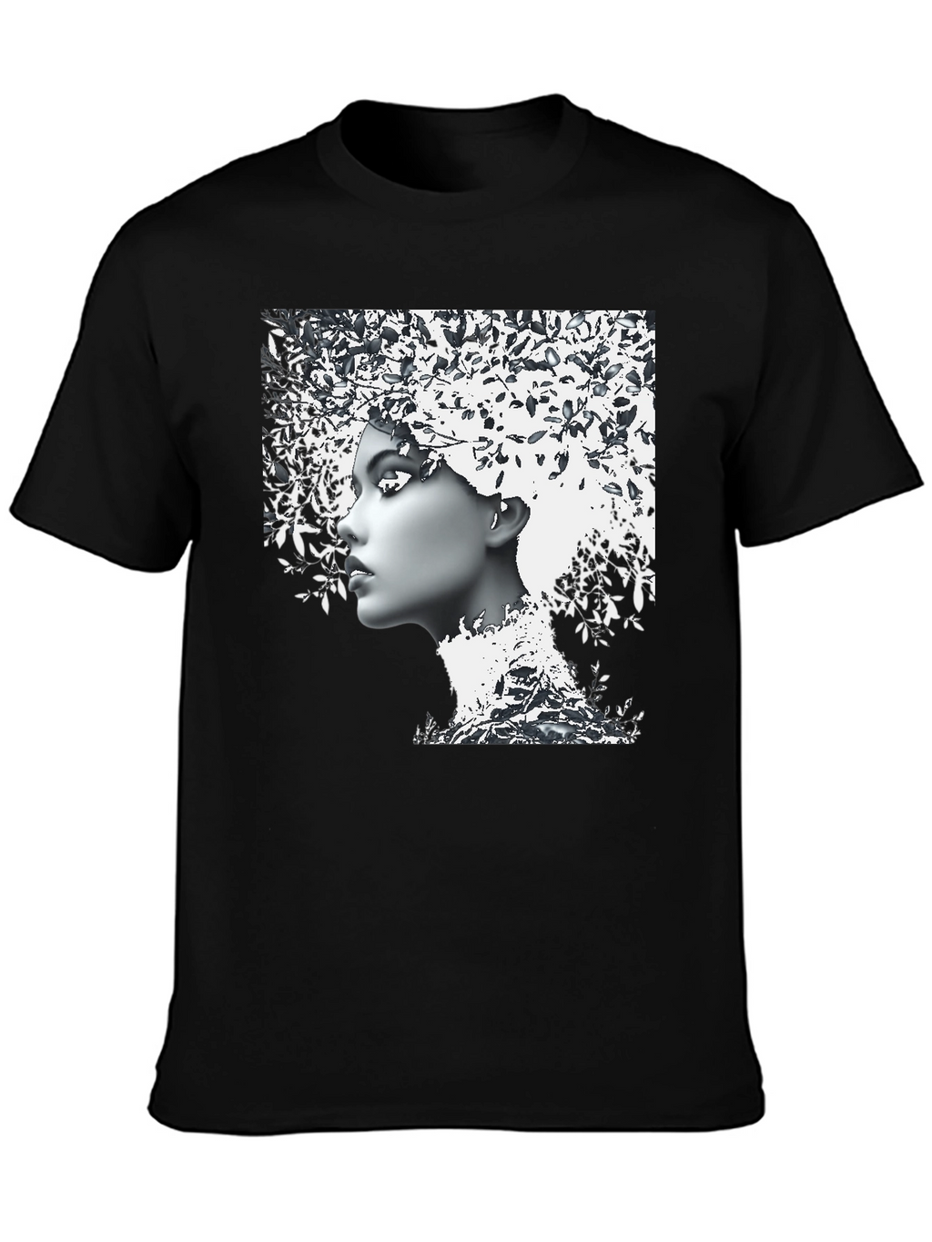 Woman with Leaf Hair Black T-Shirt