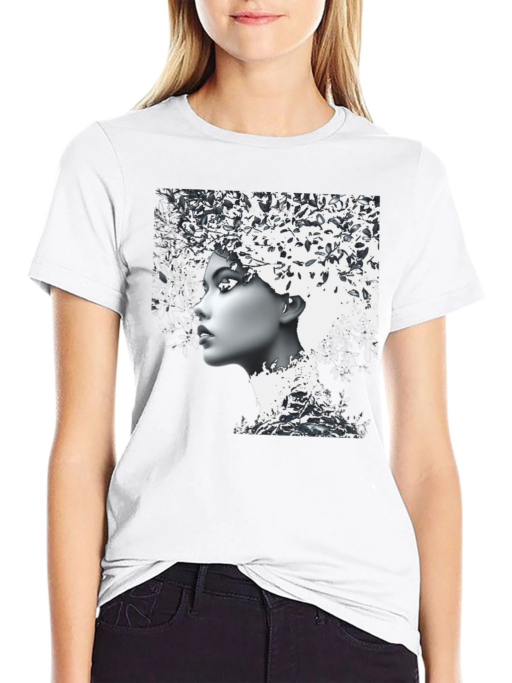 Woman with Leaf Hair Black T-Shirt
