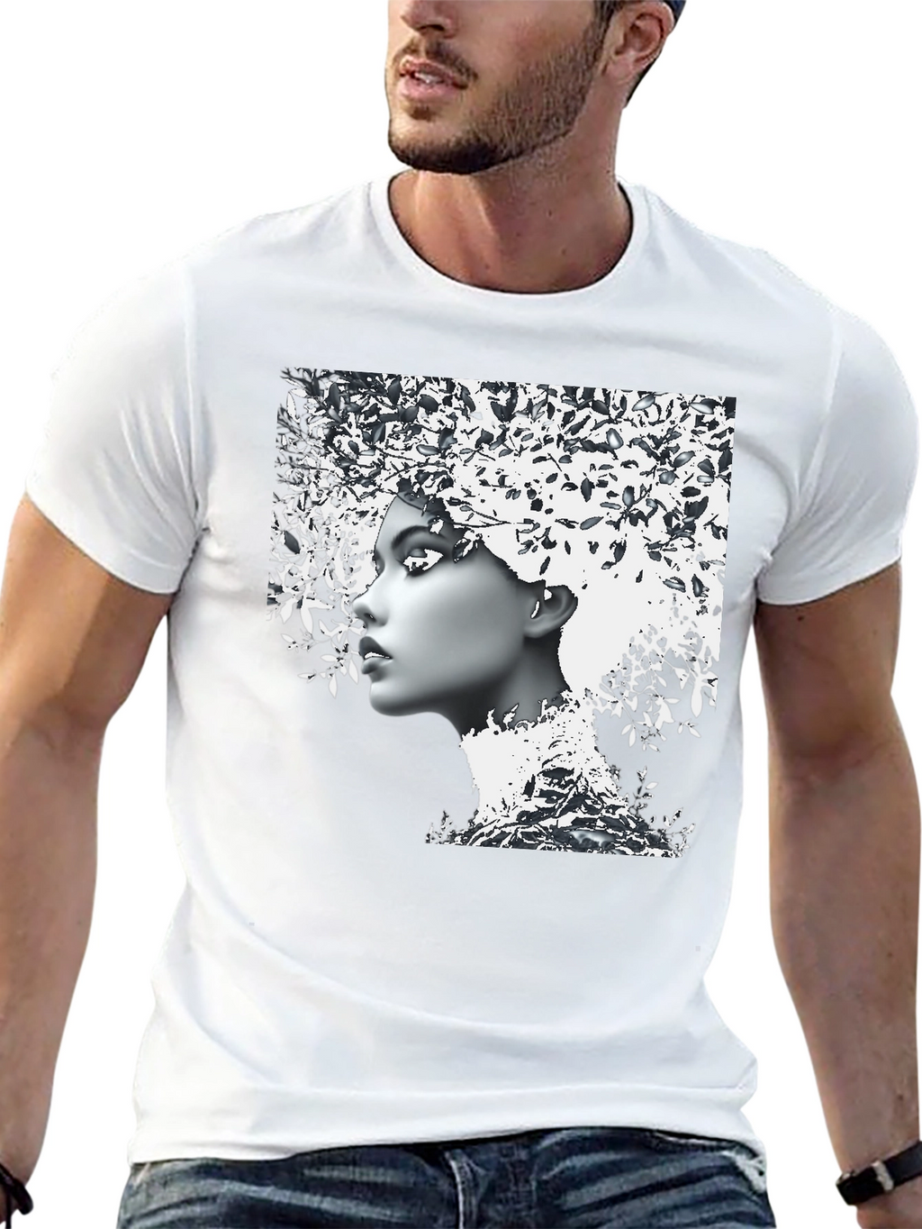Woman with Leaf Hair Black T-Shirt