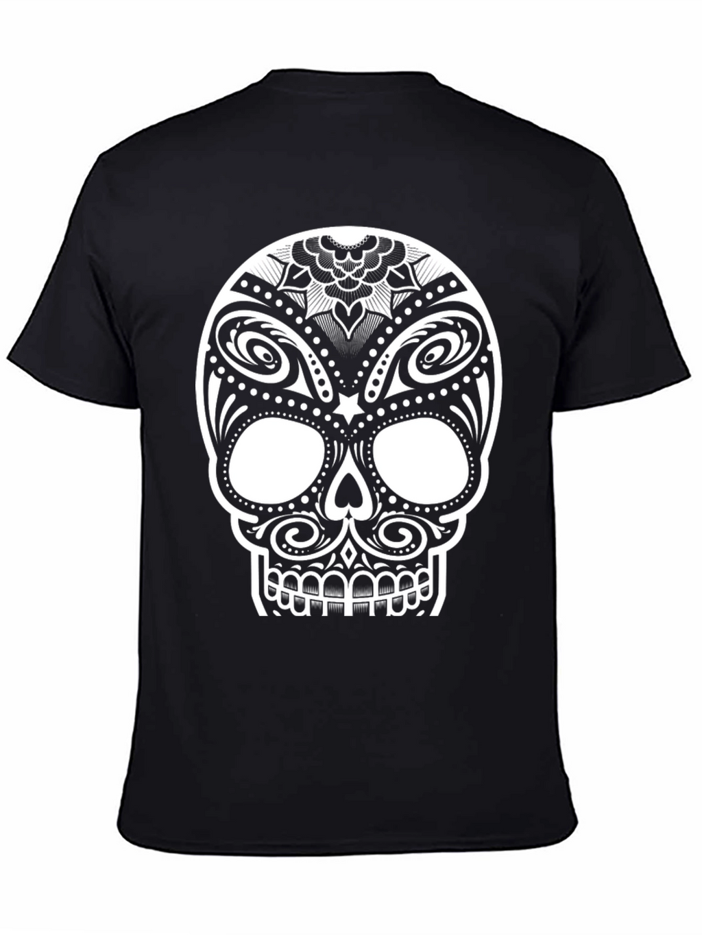 Black T-Shirt with Ornate Sugar Skull Design