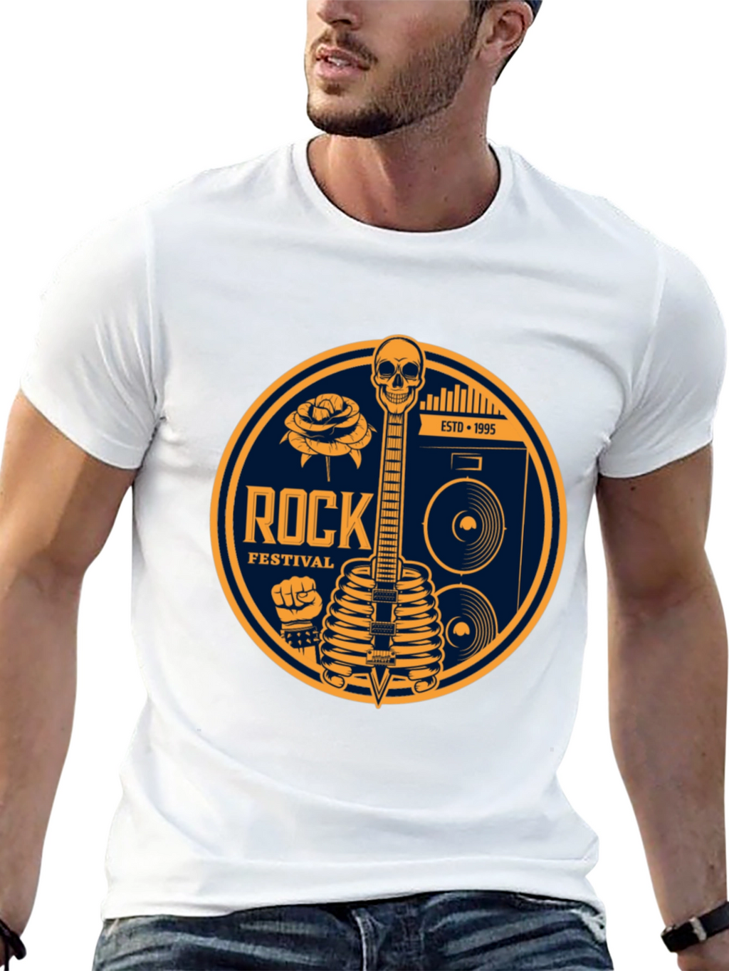 Rock Festival Skeleton Guitar Graphic Tee