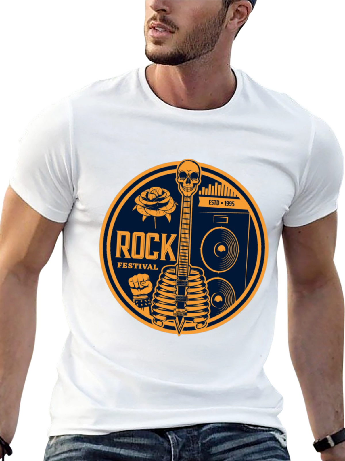 Rock Festival Skeleton Guitar Graphic Tee