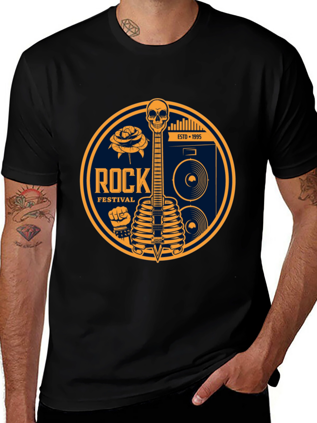 Rock Festival Skeleton Guitar Graphic Tee