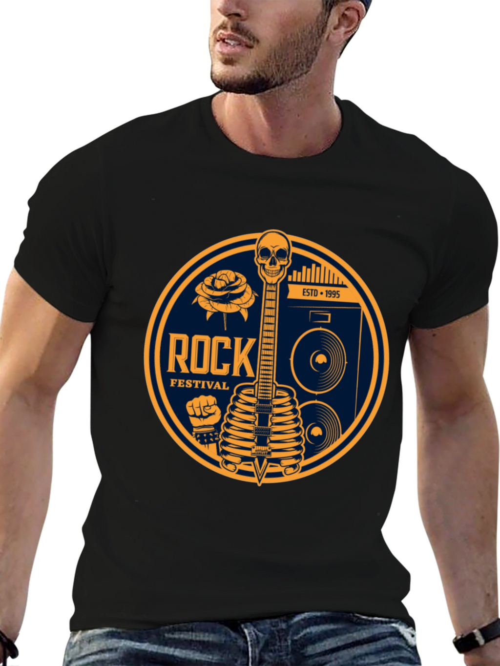 Rock Festival Skeleton Guitar Graphic Tee