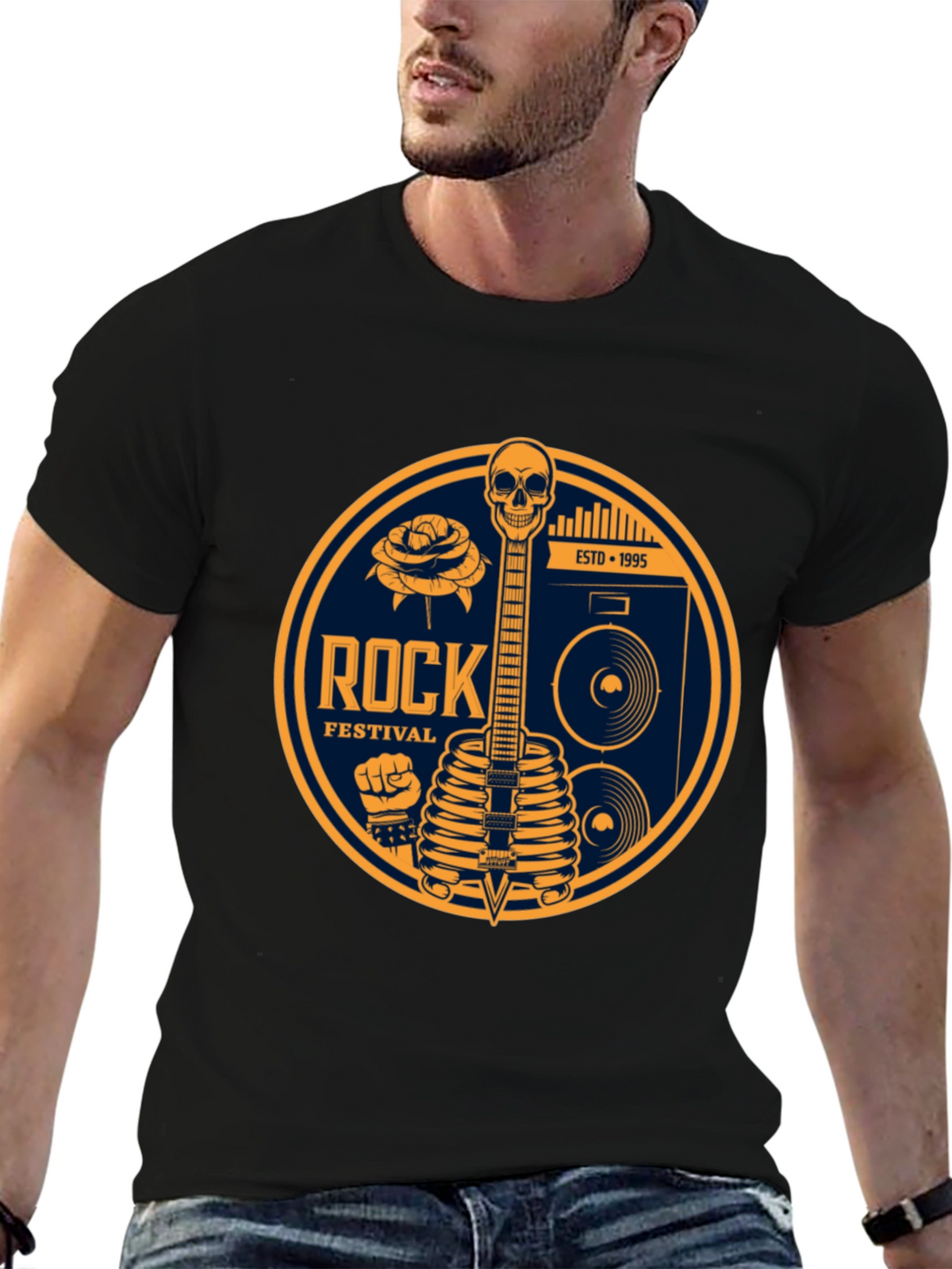 Rock Festival Skeleton Guitar Graphic Tee