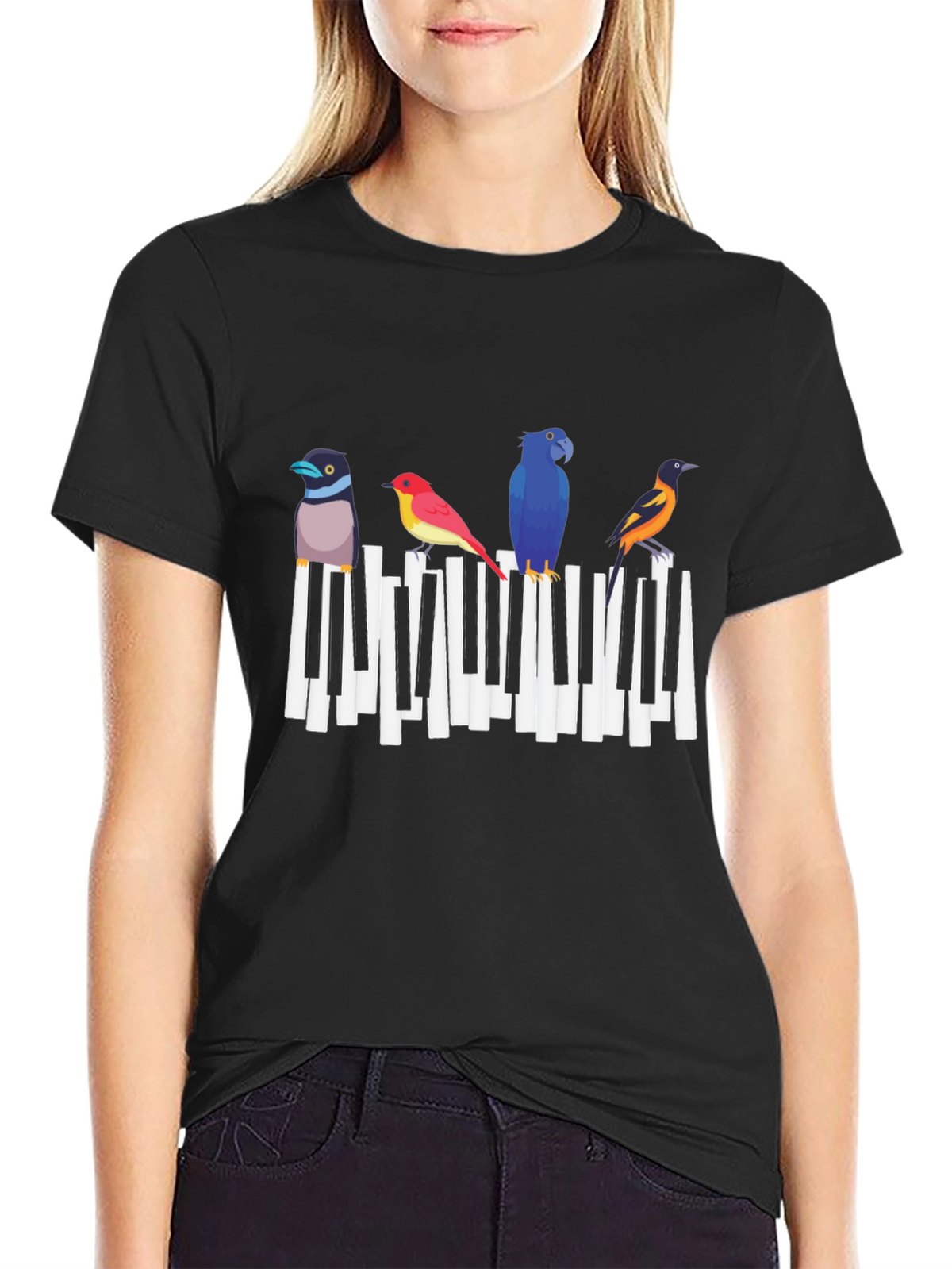 Musical Birds Graphic Tee - Black Cotton T-Shirt