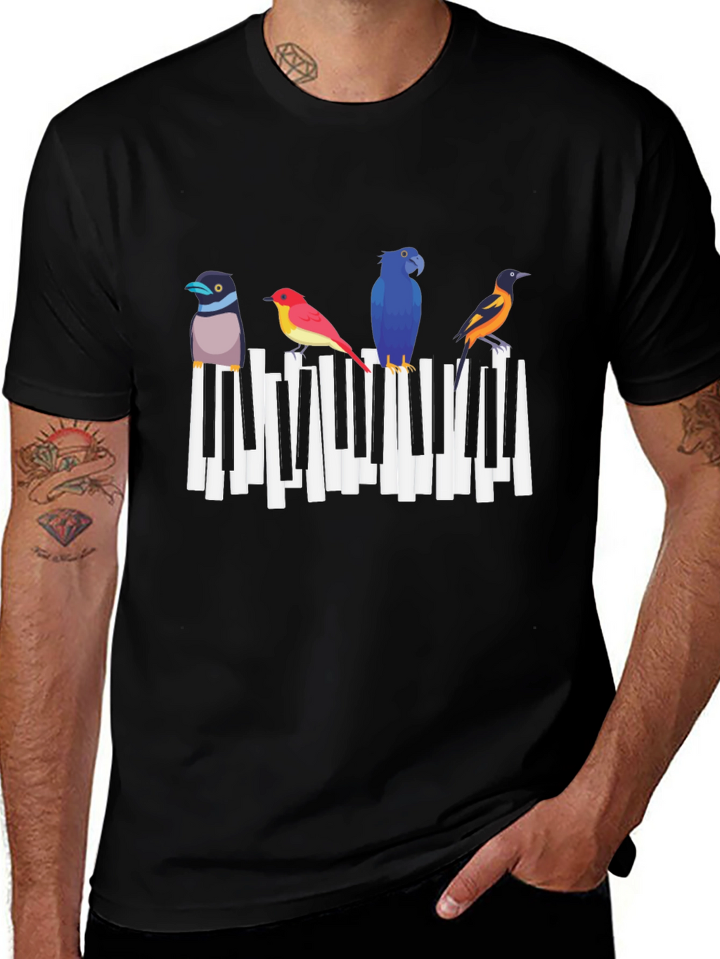 Musical Birds Graphic Tee - Black Cotton T-Shirt